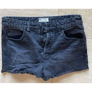Free People Black Denim Cut-Off Shorts Button Fly Raw Hem W30‎